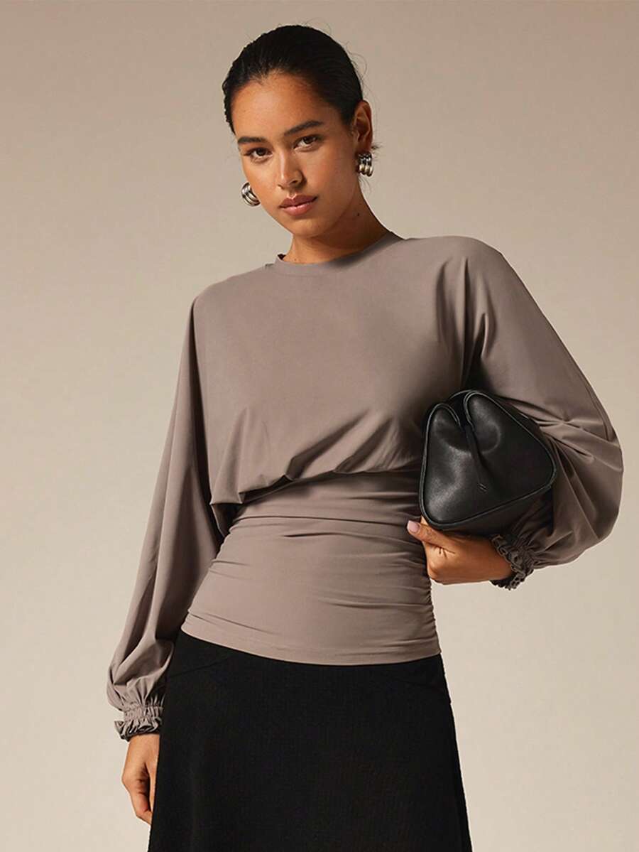 COSMINA Women's Elegant French Waist-Defining Lantern Sleeve Top Dinner Everyday Maroon Autumn - Mocha Brown - View 1