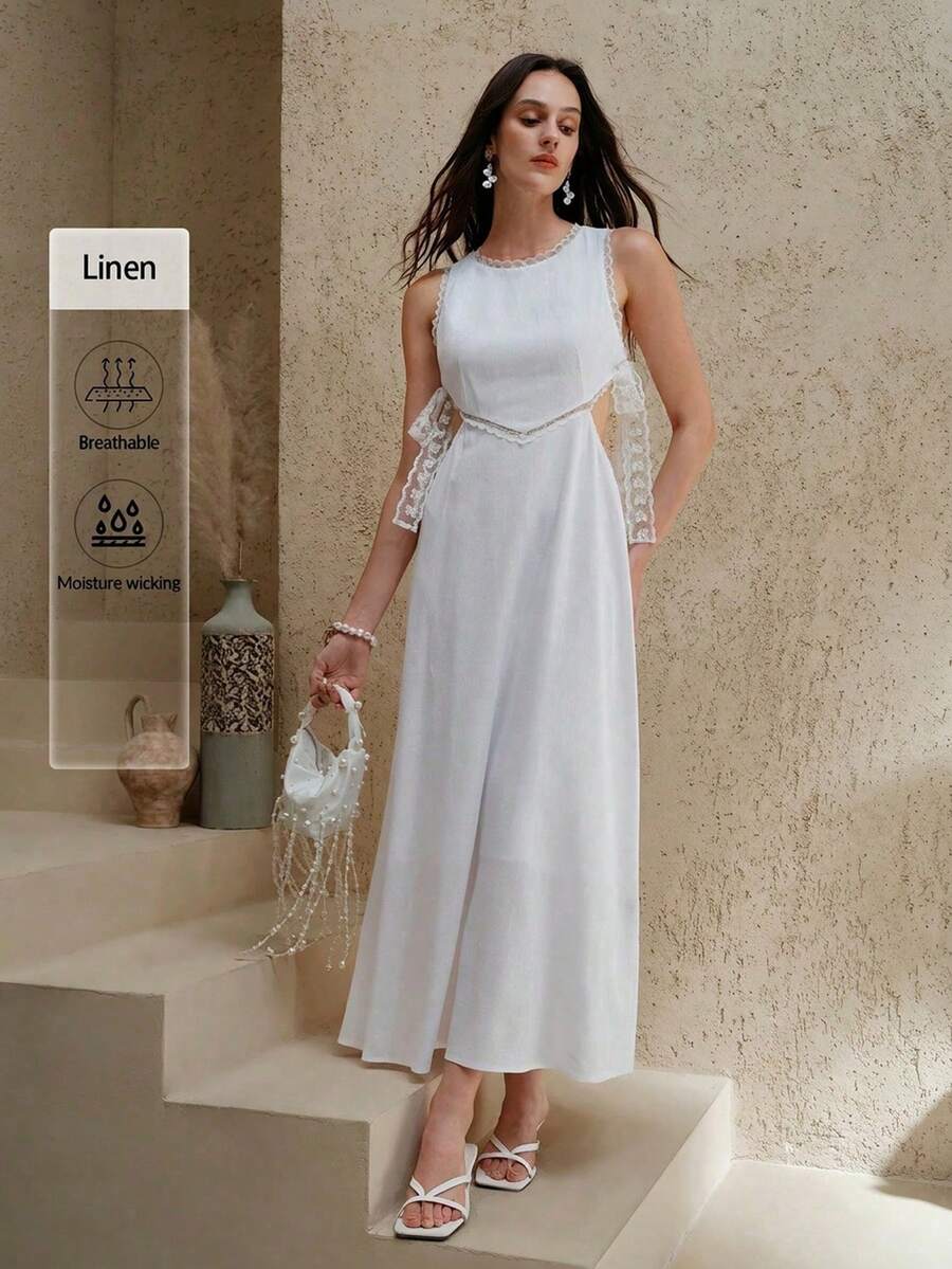 Gloray Casual Vacation Woven Textured Round Neck Cut-Out Ruffle Trim White Dress - White - View 1