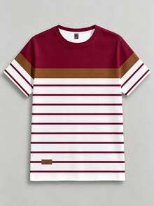 Azurnel Men's Crew Neck Short Sleeve Striped Color Block T-Shirt - Red - View 2