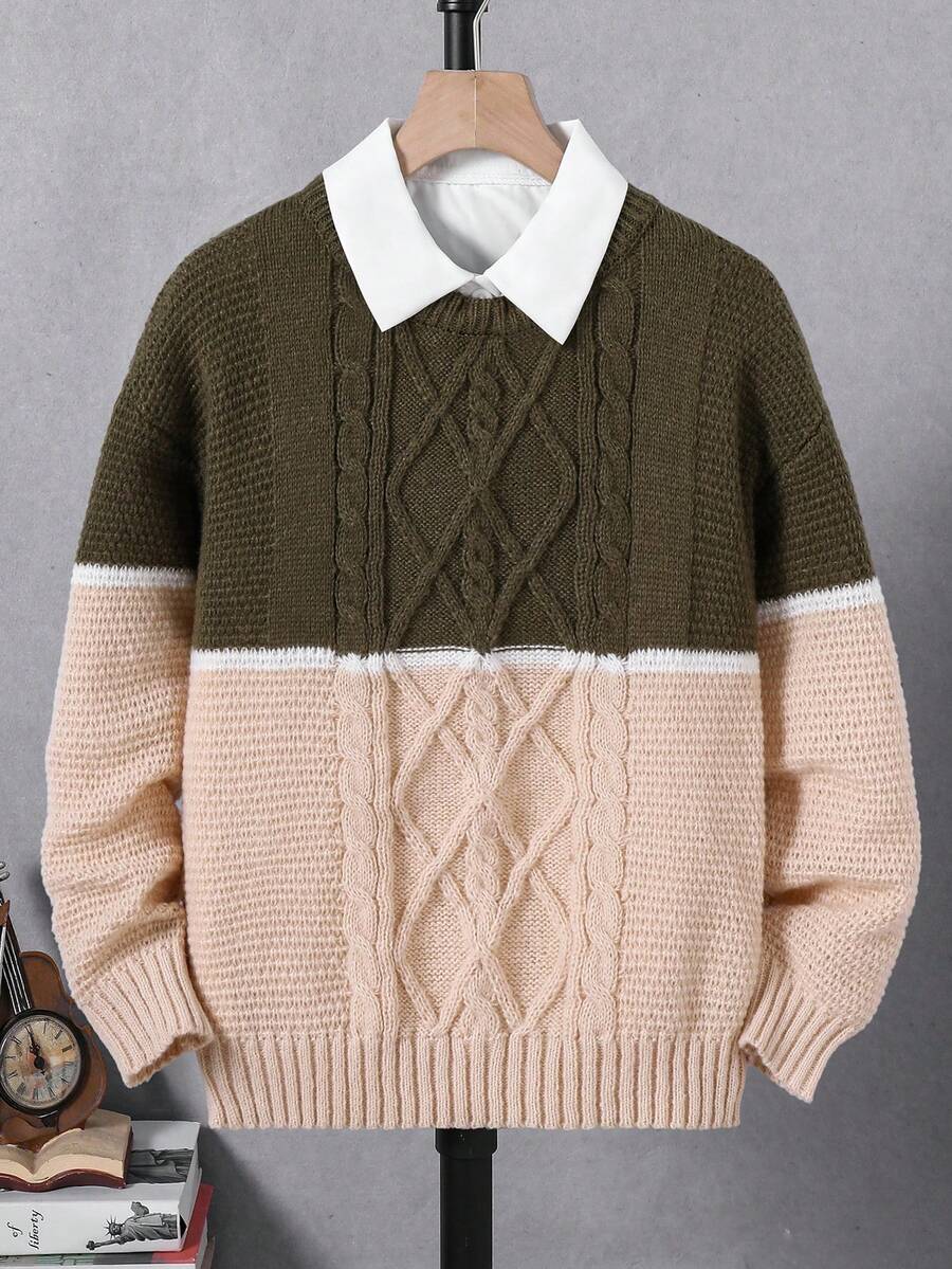 SHEIN 男童圓領落肩撞色時尚田園風酷感休閒百搭極簡優雅質感秋冬必備寬鬆日常穿搭適合度假上學玩耍聚會兒童針織毛衣套頭衫 - 彩色 - 查看 1