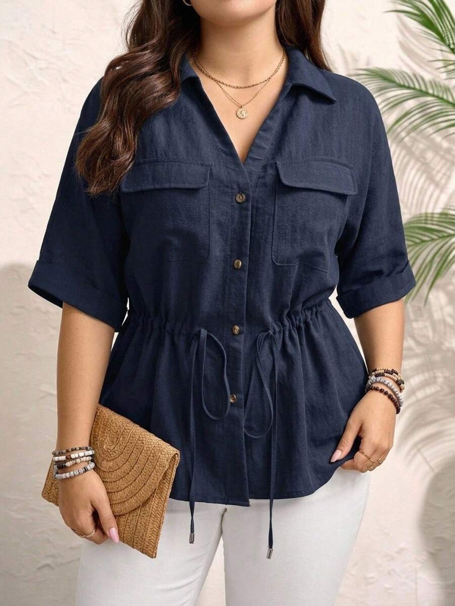Comfylo Plus Size Women Drawstring Waist Short Sleeve Utility Pocket Loose Shirt - Navy Blue - View 1