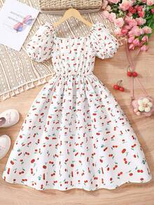 Girls' Spring/Summer Cherry Print Puff Short Sleeve Dress With Large Back Bow, Suitable For Outings And Beach Vacations - Red - View 3