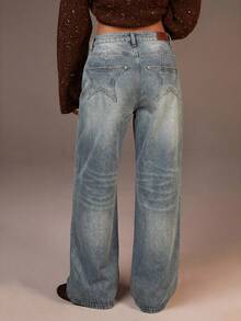 Athîral Denim Women's Star Pattern Washed Pocket Button Zipper Jeans - Light Wash - View 2
