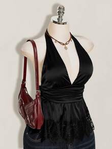 SHEIN ICON 女款素色深V領抓皺腰部性感掛脖上衣 - 黑色 - 查看 3