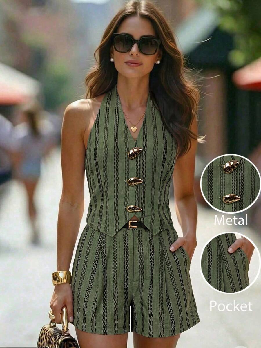 Editum Women's Halter Neck Backless Striped Top And Shorts Two Pieces Set - Army Green - View 1