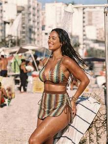 Swim Vcay Plus Size Women Summer Beach Patchwork Bikini Top And Triangle Bottoms Swimwear Set - Multicolor - View 3