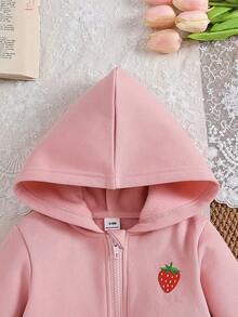 SHEIN 1件女嬰粉色純色保暖內裡加厚連帽拉鍊長袖毛絨保暖外套上衣，附草莓刺繡，休閒甜美可愛韓風外套，適合秋冬日常外出、上學、旅行、度假、派對等場合 - 粉色 - 查看 6