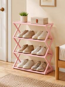 1pc 4-Tier Large Z-Shaped Shoe Rack, No Tools Easy Assembly, Pink Plastic Stackable Storage Organizer, Space-Saving Floor Shoe Shelf For Home, Dorm & Living Room - Multicolor - View 2