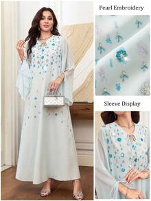 Al Najma Spring/Summer Fashion Elegant Blue Dress With Chiffon Sleeves And Tie, Loose And Long - Blue - View 3