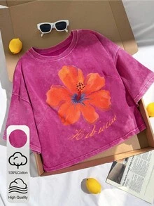 Comfortcana Áo thun dáng rộng ngắn size lớn họa tiết hoa vintage giặt mài - Màu Hồng Tươi - Xem 9
