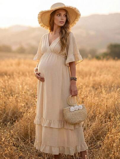 boho chic maternity dress Mama Vacation Solid Color Overlap V-Neck Batwing Sleeve Ruffle Hem Boho Summer Outfits Casual Baby Shower Outfits Elegant Dresses bohemian boho maternity shoot