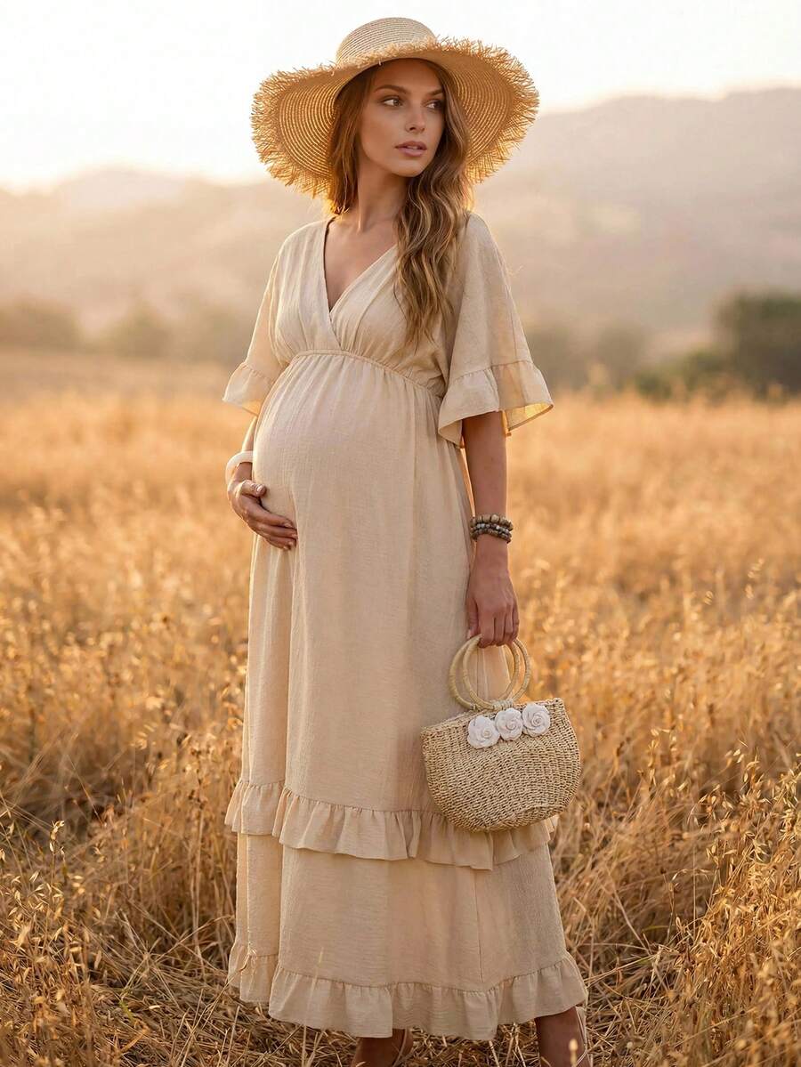Boho Mama 孕婦度假純色重疊V領蝙蝠袖荷葉邊裙