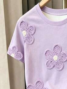 SHEIN Girls' Purple Floral Print All-Over Shorts Set, Casual All-Match Versatile 2-Piece Outfit For Summer, Autumn, Spring, Suitable For Girls And Girl - Multicolor - View 4