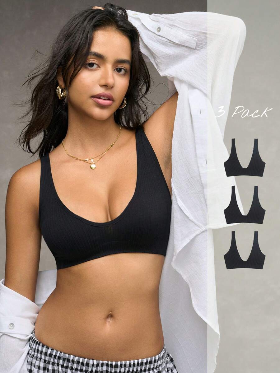 Esseday Sujetador cómodo de unicolor minimalista para mujer - Negro - Ver 1