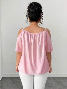 Elenzga Plus Size Round Neck Patchwork Lace Collar Cold Shoulder Short Sleeve Meteor Pleated Texture Pink Blouse Brunch Formal Summer Elegant Autumn - Pink - View 2