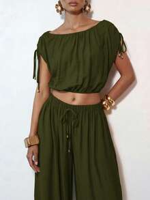 Zivah Women's Solid Color Pleated Top And Lantern Pants Casual Daily Set - Army Green - View 12