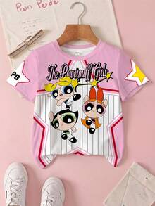 THE POWERPUFF GIRLS X SHEIN Young Girl Color Block Striped Star Cartoon Print T-Shirt - White - View 1