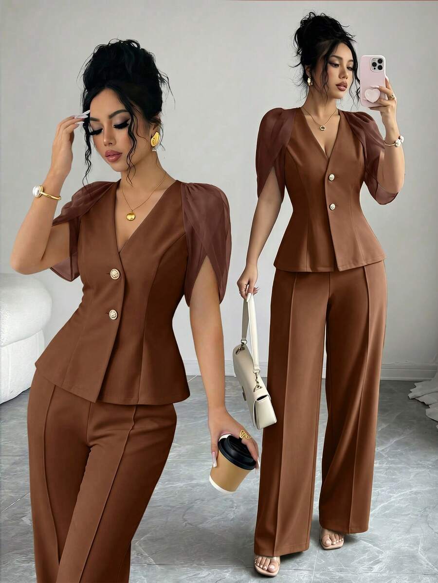 SHEIN Clasi Conjunto 2 Peças Primavera/Verão Blusa de Chiffon Damasco Manga Curta Cintura Definida Decote em V Frente Aberta & Calça Reta, Look Elegante Francês Versátil para Trabalho para Mulheres - Café - Visão 1