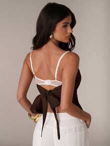 SHEIN BAE Women's Contrast Lace Fitted Sexy Camisole Top Club Night Out Date Night Brown And White Polka Dot Stripe Summer Halloween - Coffee Brown - View 2