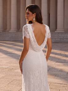 Glamrae Elegant Minimalist Lace Deep V-Neck Eyelash Trim Embroidered Sheer Short Sleeve Mermaid Floor-Length Bridal Gown For Wedding Party Formal White Spring - White - View 7