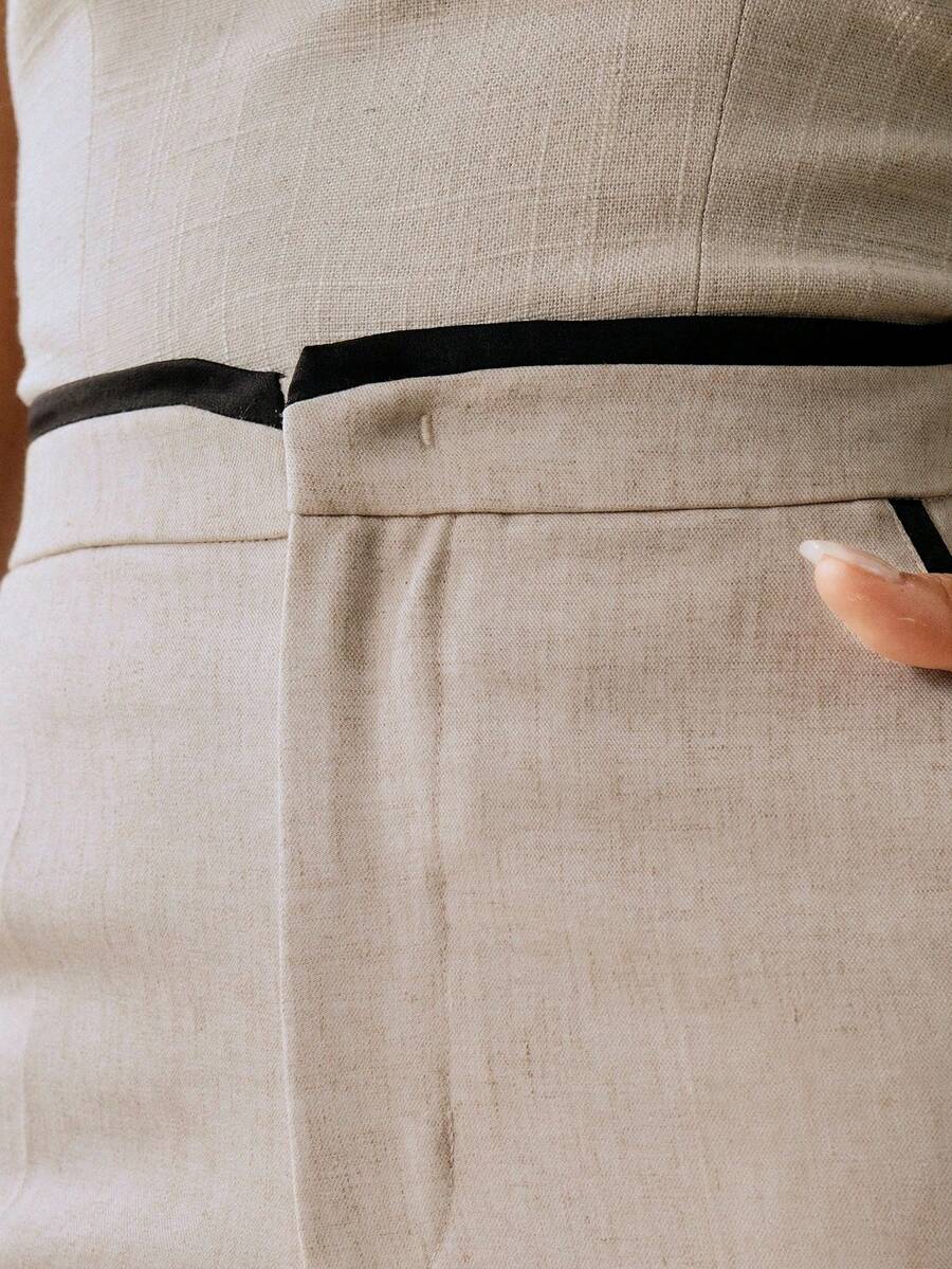 MOTF PREMIUM PLUS SIZE LINEN VISCOSE CONTRAST BINDING SLANT POCKET SEAM FRONT WIDE LEG PANTS FALL - Apricot - View 2