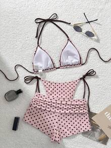 Swim Vcay Spring/Summer Women's New Polka Dot Print Halter Neck Solid Color Drawstring Top With Side Tie Pants And Bikini Bottoms Elegant Vacation Swimwear 3-Piece Set - Multicolor - View 2
