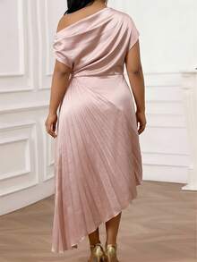 SHEIN Lady Elegant Pink Plus Size Midi Dress For Women With V Neck And Regular Short Sleeves Perfect For Formal Events - Pink - View 2
