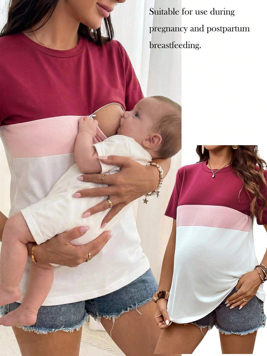 SHEIN 孕妇撞色拼接哺乳T恤,度假/休闲 - 彩色 - 查看 1