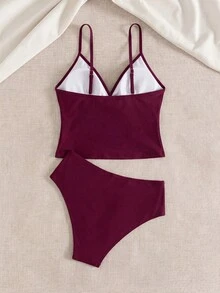 Swim Chiccia 女士两件套纯色修身金色缎带可调节肩带高腰裤度假休闲派对比基尼套装 - 酒紅色 - 查看 2