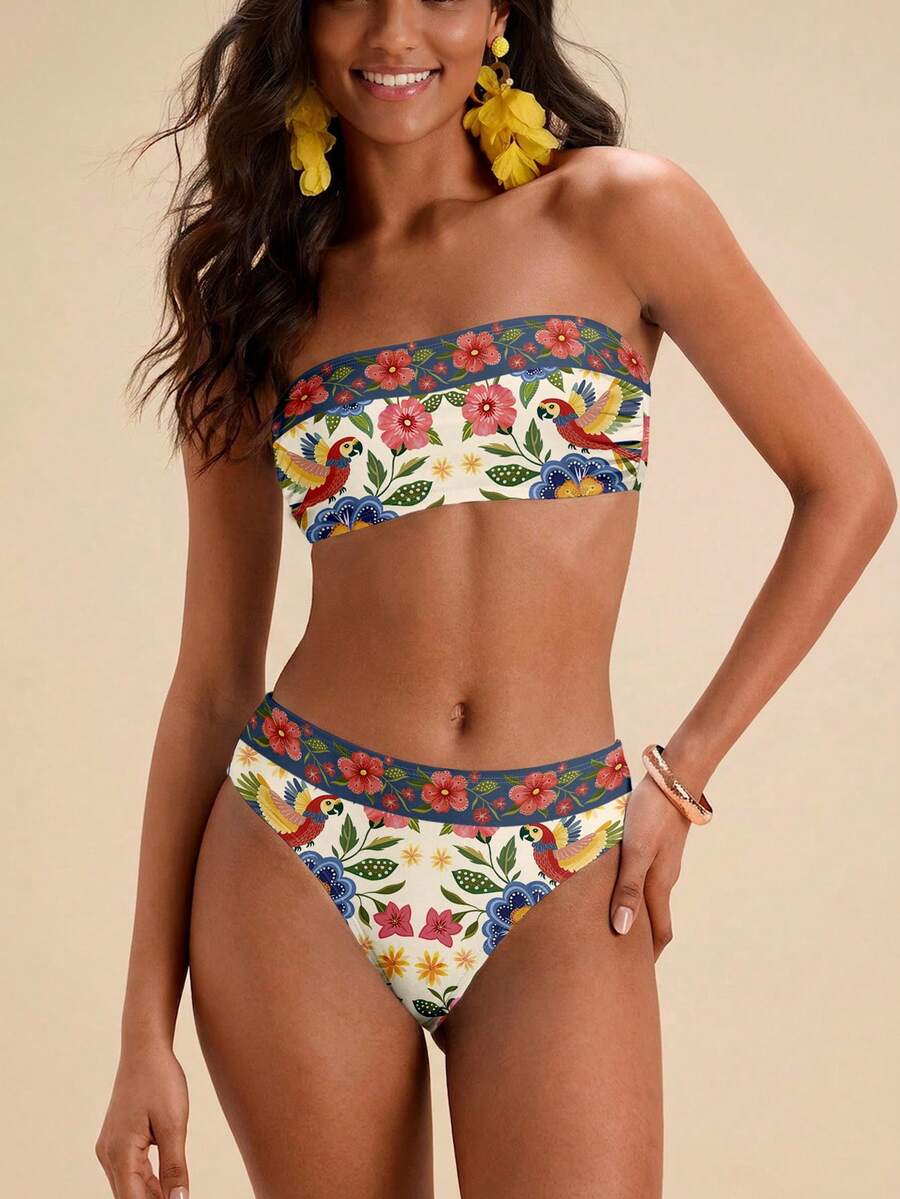 Travachic Women's Vintage Floral & Bird Print Bohemian Swimsuit Set, Suitable For Outings, Beach Vacation, Chic, Cruise Party Bathing Suit For Women - Multicolor - View 1