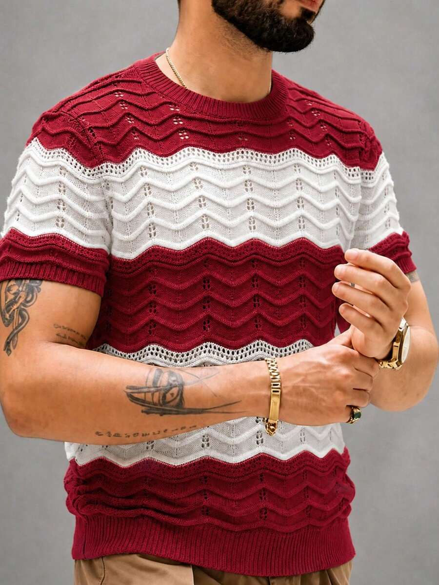 EGENSIO Men's Burgundy Wavy Design Crew Neck Short Sleeve Knit Top Vacation Summer Casual Street Wear - Red - View 1