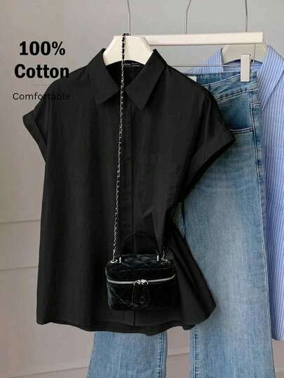 CovetEZ Plus Size Casual Minimalist Cap Sleeve Shirt With Small Flutter Folded Sleeves