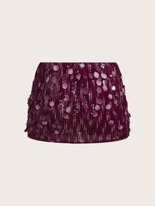SHEIN ICON 銀色低腰亮片裝飾貼身迷你裙 - 酒紅色 - 查看 2