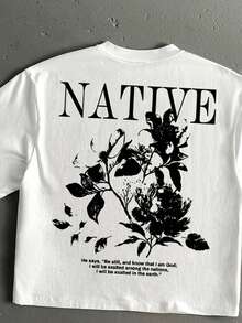 StoneGrade Camiseta de manga corta para hombre de talla estándar, corte corto y ajuste holgado, color blanco, con estampado de moda de planta floral marchita en película negativa negra y tipografía de letras inglesas - Blanco - Ver 2