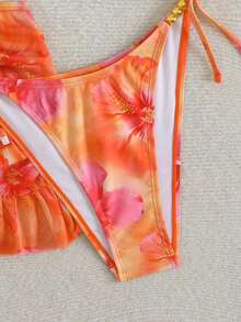 Swim SXY 女款3件組花卉隨機印花夏季性感V領掛脖綁帶比基尼套裝附罩衫裙 - 彩色 - 查看 5