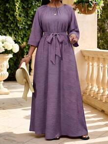 Fleurora Plus Size Women's Round Neck Raglan 3/4 Sleeve Casual Dress Fall - Purple - View 4