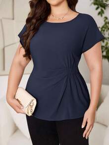 Reflora Blus Kasual Wanita Ukuran Besar Warna Polos Leher Bulat Lengan Pendek Berlipit - Navy Blue - View 4