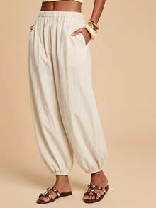 Travachic Women's Casual Solid Color Loose Elastic Waist Long Pants - Apricot - View 5