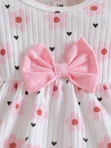SHEIN Newborn Spring/Autumn Pink Soft Style Heart All-Over Print Pink Bow Knot Embellished Knit Pullover Top With Matching Pink Bow Knot Embellished Long Pants Slim Fit 2-Piece Set Suitable For Outings, Casual, Sports, Christmas, Parties - Baby Pink - View 7