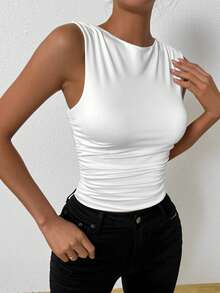 Allurite Women Tank Tops & Camis Ruched Plain Casual - Putih - View 5