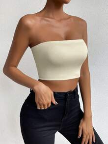 Allurite Women Solid Color Bandeau Backless Sleeveless Top - Beige - View 4