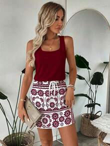 SHEIN LUNE Gaun Pendek Kasual Bermotif untuk Wanita, Cocok untuk Musim Semi dan Musim Panas - Burgundy - View 9