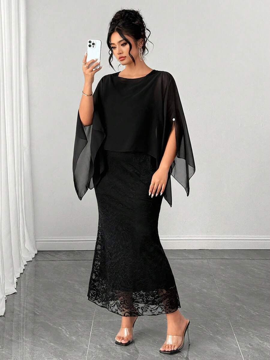 Elenzga Plus Size Women's Cape Sleeve Lace Mermaid Hem Elegant Dress - Black - View 1