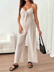 SHEIN Maternity Spaghetti Strap Bow Decor Striped Jumpsuit - Khaki - View 5