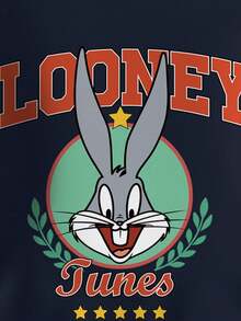 LOONEY TUNES X SHEIN 青少年男孩休闲拼色字母和兔子印花圆领运动衫，秋季 - 白色 - 查看 4