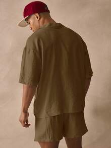 Musero Oversized Short Sleeve Deep V Neck Collared Drop Shoulder Thick Hem Linen Shirt Spring Summer Essentials Beachy Holiday - Khaki - View 4