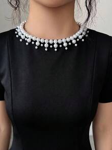 Feyla Women's Faux Pearl Decorated Round Neck Short Sleeve Lace Hem Elegant Modest Short Dress Party Dinner Black Summer - Black - View 8