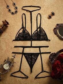 PinupPomp Floral Lace Harness Garter Lingerie Set - Black - View 2