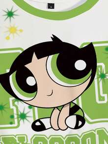 THE POWERPUFF GIRLS X SHEIN 女士毛茛花图案短款圆领短袖T恤 - 白色 - 查看 4