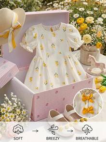 SHEIN 1pc Baby Kid Girl Cute Chic Boho Floral Soft Thin Mini Bow Back Puff A-Line Sun Dress Gown Set Wear Party Bday Trip Gift Day Cool Spr Sum Fall New Fun - Yellow - View 9
